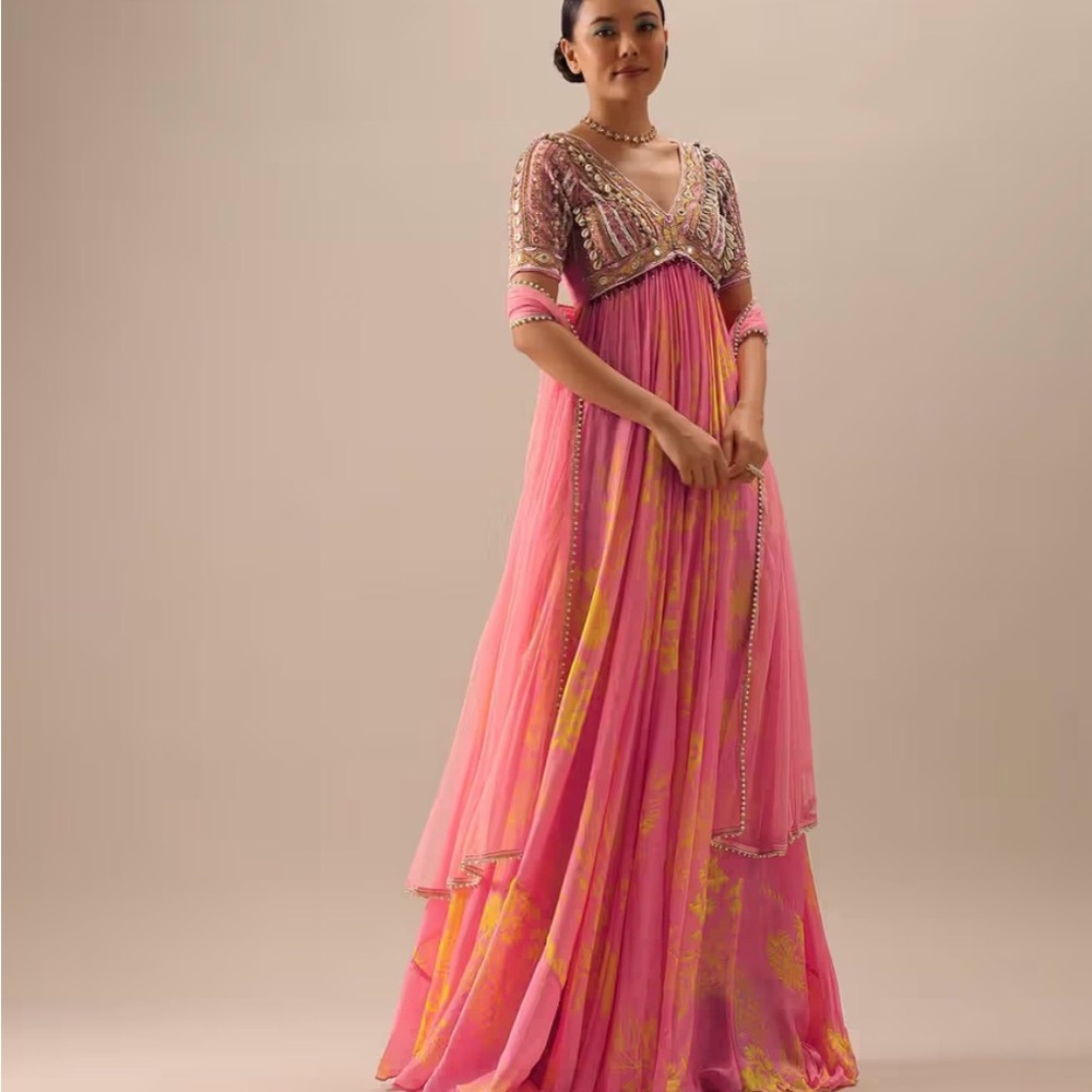 Pink Anarkali With Net Dupatta And Shell Work